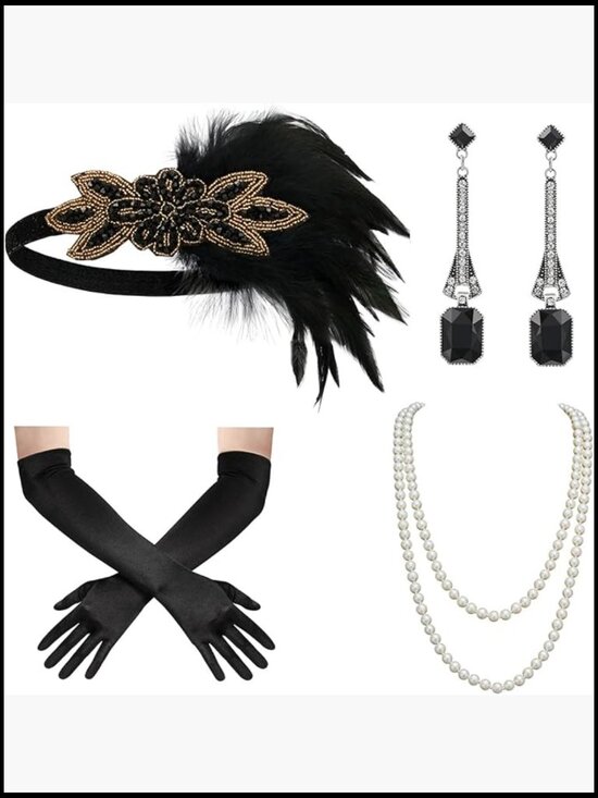 1920s Gatsby Accessories Set - 5 Pcs Costume Flapper Headpiece, Pearl Necklace, main image 7